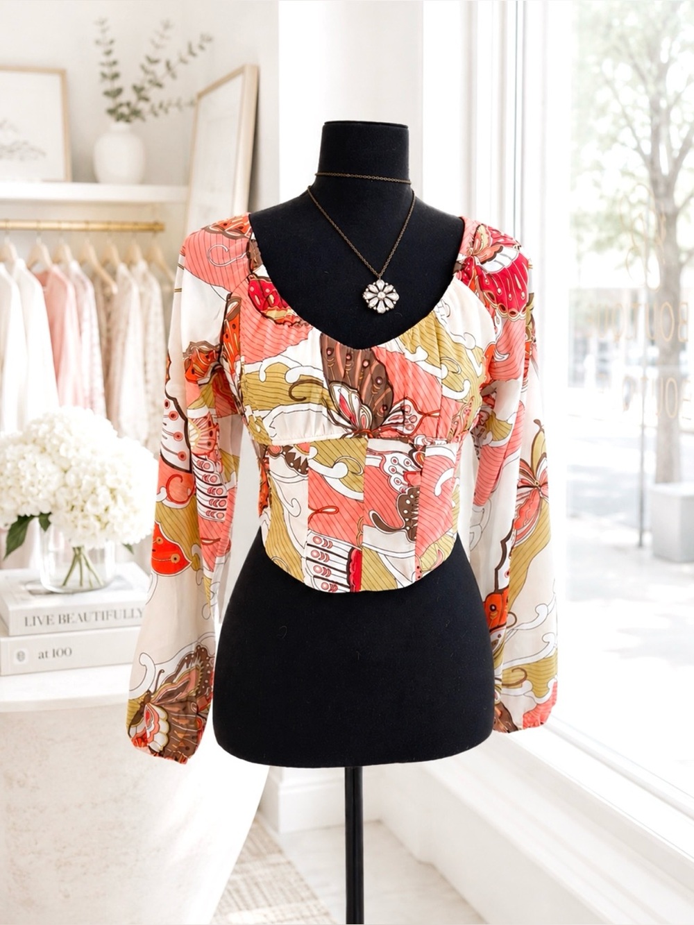Rue21 Multicolor Paisley Print Long Sleeve Crop Blouse Tie Back Straps